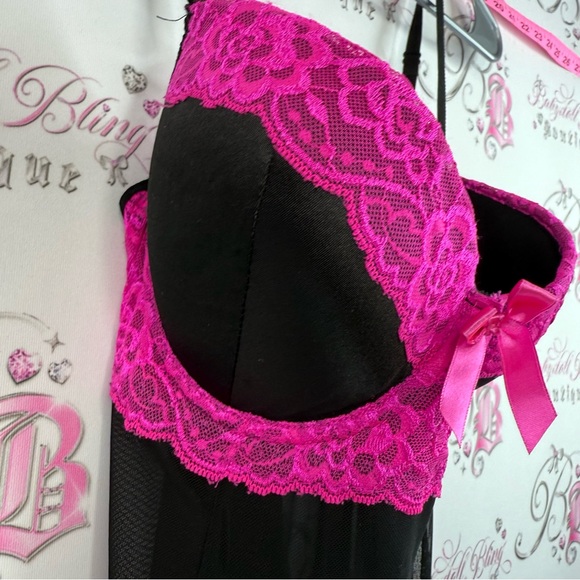B delicious mini dress Sheer Black Chemise with Pink Lace Trim Elegant Nightwear - Picture 7 of 15